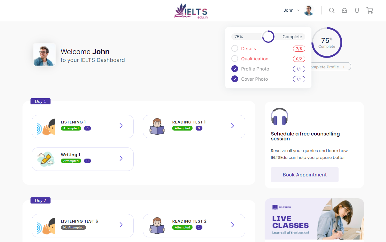 screenshot of IELTS LMS